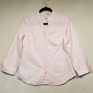 Tweeds Small Top Pink Embroidered Linen Button Up 3/4 Sleeve Beach Coastal